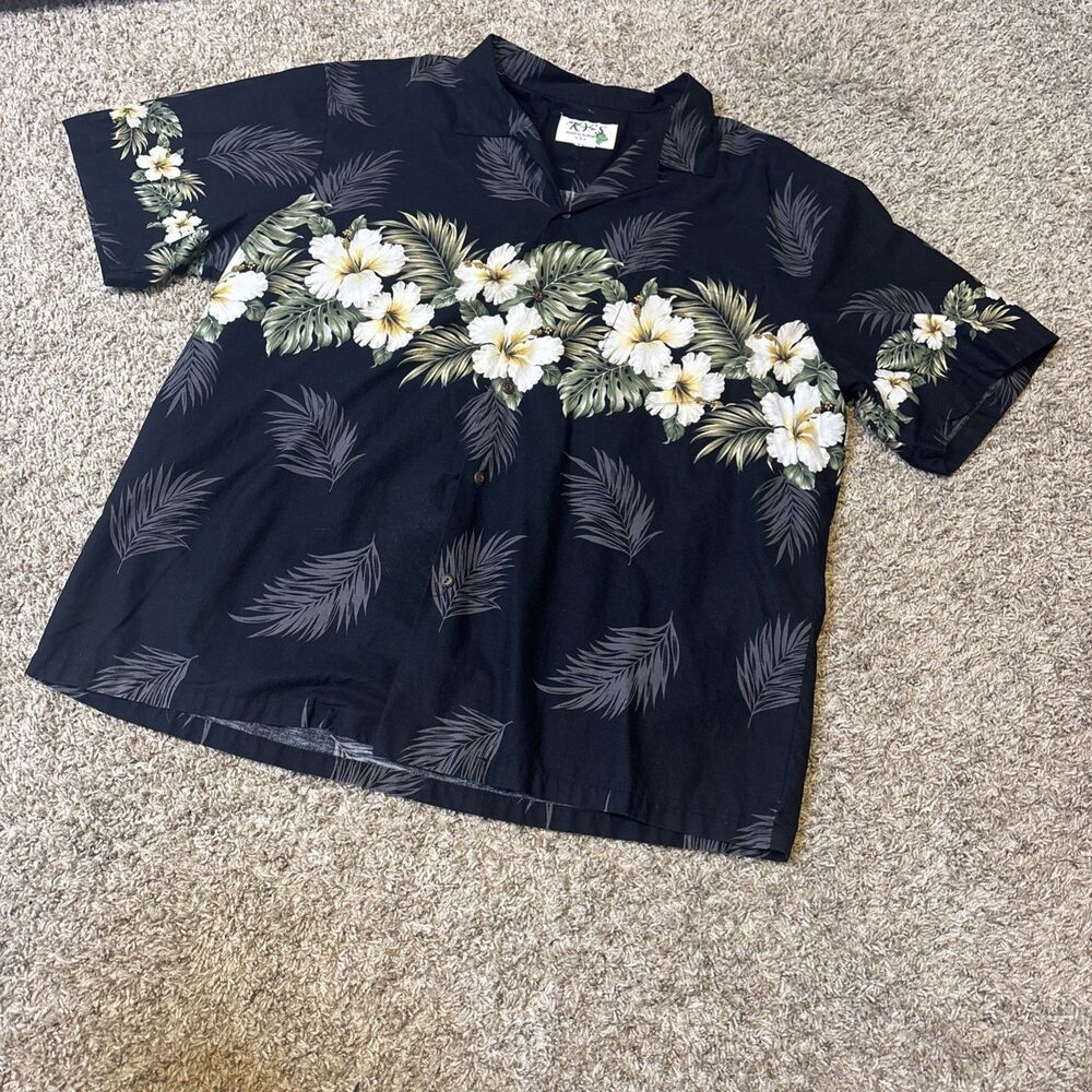 Vintage KY'S Hawaiian Shirt Mens XL Black Short Sleeve Button Up Made in USA